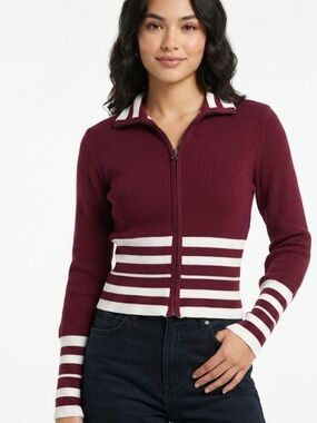 SO Burgundy and White Striped Cropped Zip-Front V-Neck Sweater Jacket